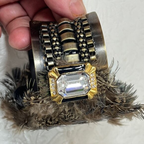 VTG Bird Feathered Crystal Rhinestones Brass Metal Bracelet Adjustable 6.5" - Picture 9 of 16